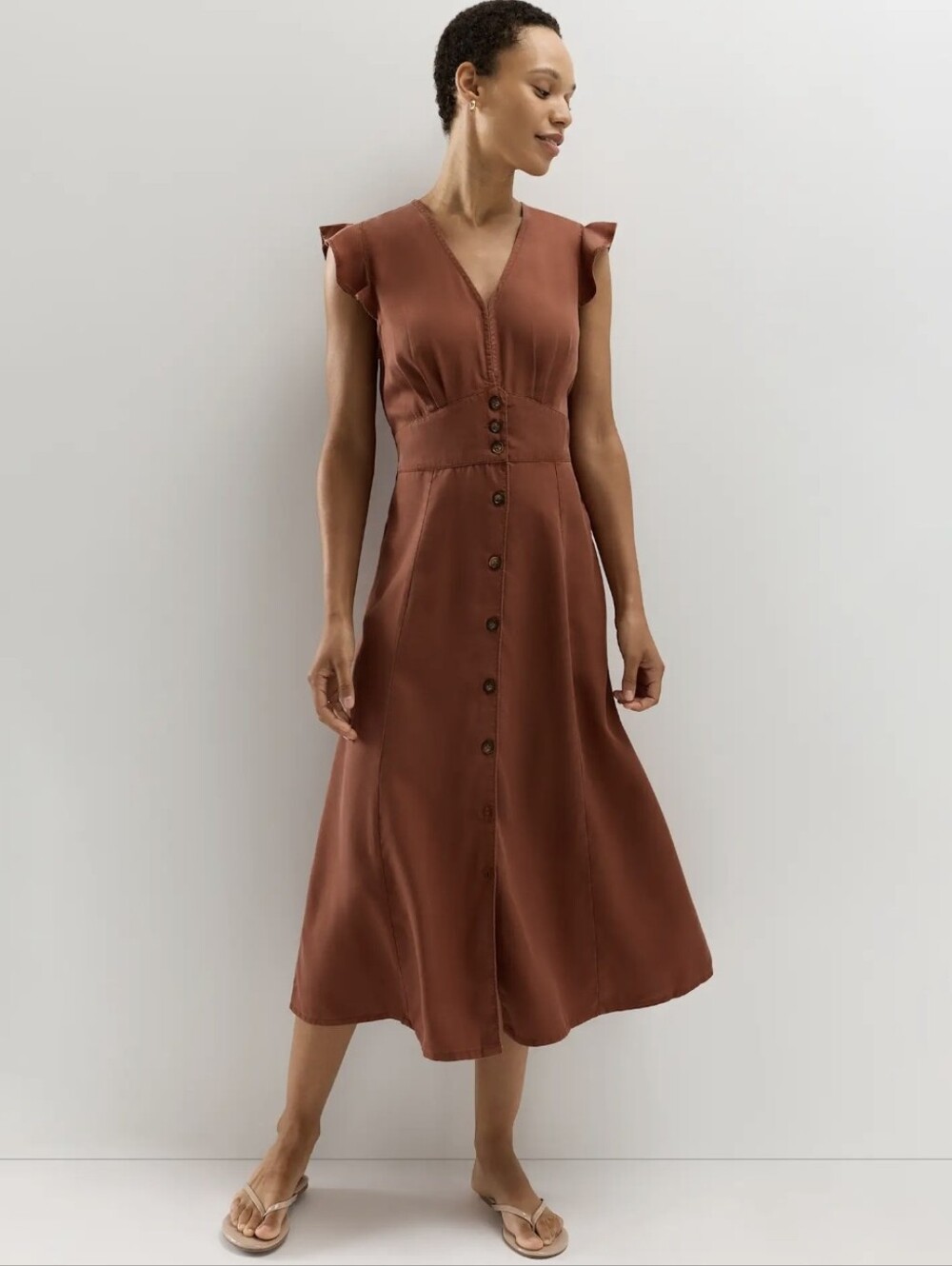 XS/S Quince Vintage Wash Tencel Button Front Flutter Cap Sleeve Midi Dress